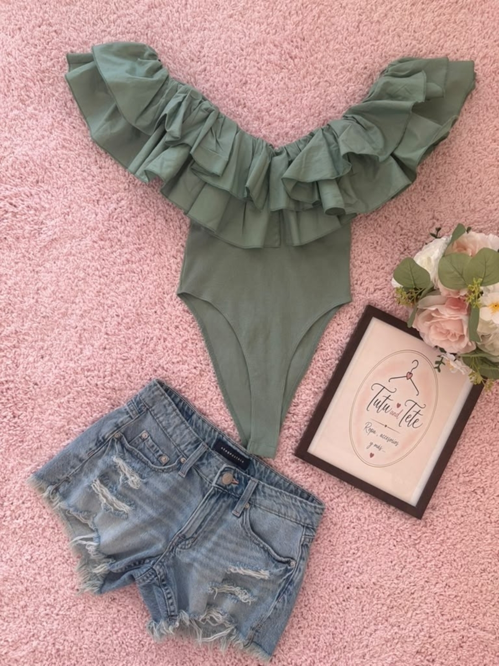 Zara Sage Green Ruffled Off-Shoulder Bodysuit